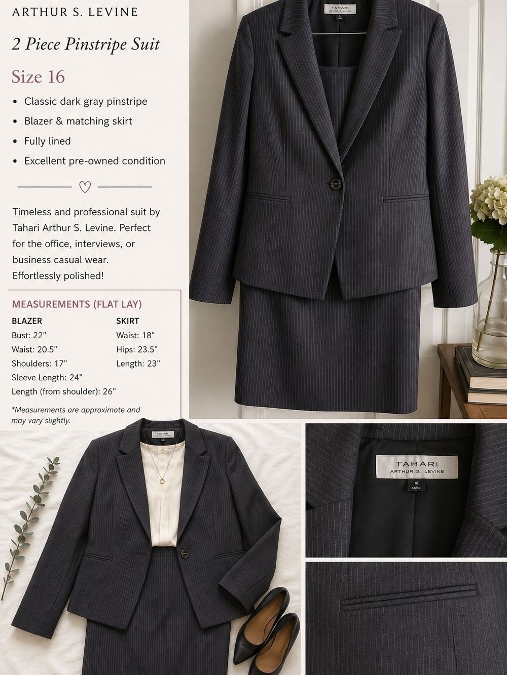 Tahari Dark Gray Pinstripe Skirt Suit